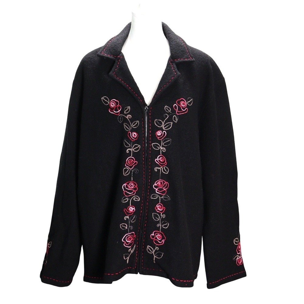 Alfred Dunner 3X plus Wool Zip Jacket cottage winter Grannycore Rose Embroidered
